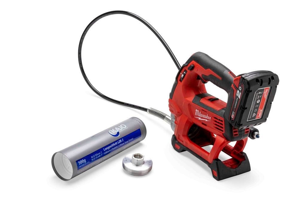 M18 Milwaukee 18V grease gun with KAJO 500g grease cartridge and adapter for easy conversion.